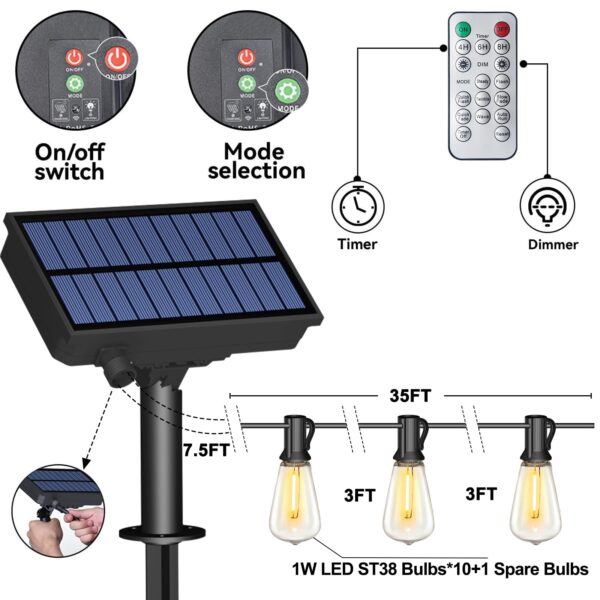 Illuminate your outdoor space with these solar-powered LED string lights. Featuring 8 lighting modes and a remote control, create a cozy ambiance for any occasion.