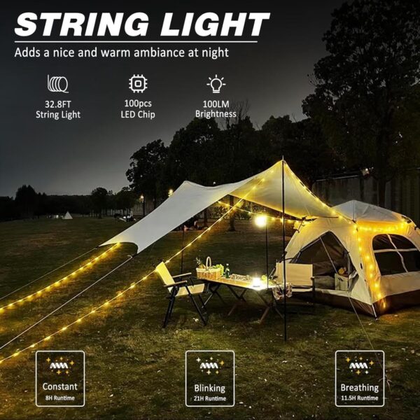 Illuminate your outdoor adventures with this 33FT LED Camping String Light. Enjoy quick storage, 2-in-1 functionality as a lantern and twinkle lights, eco-friendly design, and portability. Perfect for camping, festivals, and mood lighting.