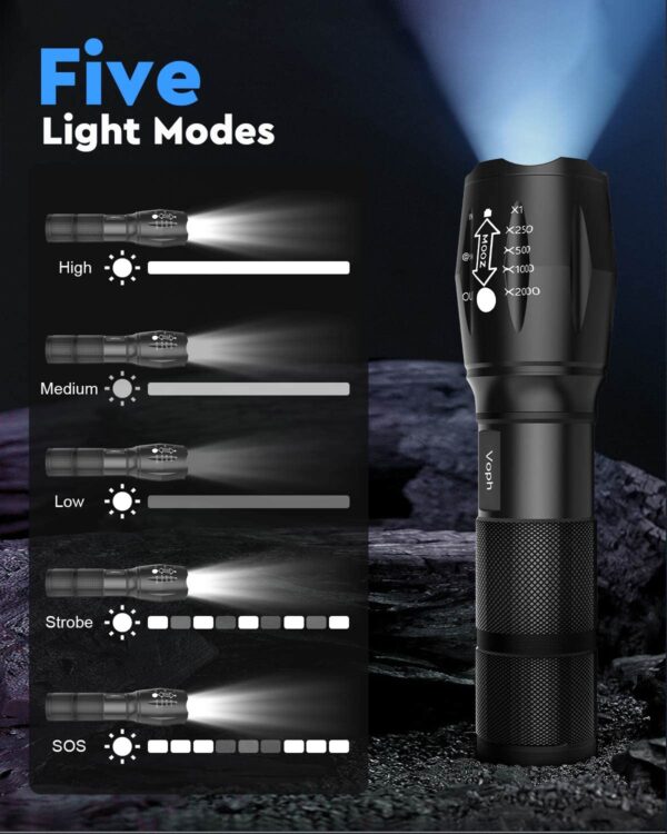 Illuminate your path with this 2000 lumens flashlight, perfect for camping, hunting, and emergencies. Choose from 5 modes and adjust the focus for a clear view. Crafted from aircraft-grade material, waterproof, and includes batteries. The ideal gift for outdoor enthusiasts!