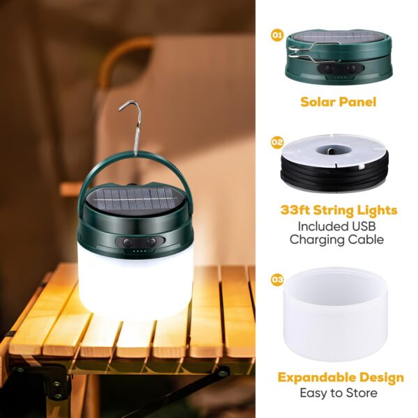 Illuminate your camping experience with this 2-in-1 Camping Lantern and String Lights combo. Enjoy 8-10 hours of lighting from the solar or USB charge. Hang the 33ft string lights for a cozy atmosphere. Choose from 8 lighting modes and 3 brightness levels for versatile use. Compact, durable, and backed by a 1-year warranty.