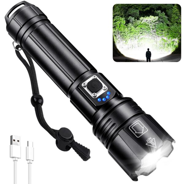 Illuminate the darkest environments with the Rechargeable Flashlight from Sigoobal. With 900000 lumens of intense brightness and a beam distance of over 3280 feet, this flashlight offers reliable light in any situation. Enjoy up to 12 hours of continuous runtime on a single charge and choose from 5 lighting modes for versatile illumination. The USB fast charging feature ensures quick recharging, while the durable and portable design makes it perfect for outdoor adventures. Stay prepared with this waterproof and sturdy flashlight backed by a two-year warranty.