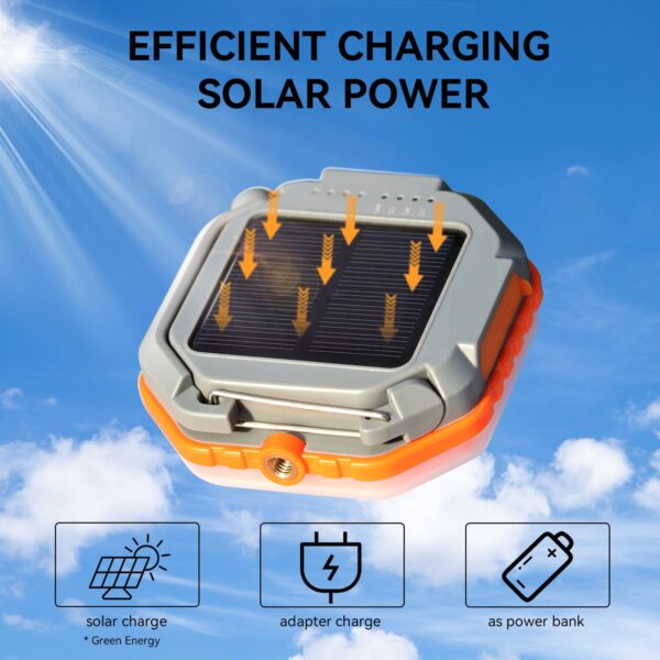 Illuminate your camping adventures with the Durapower Solar Power Camping Light. Rechargeable with 4200 mAh battery, stepless dimming from 100-2000 lumens. Solar panel charging, portable at 3.5 x 3.5 x 1.3 inches.