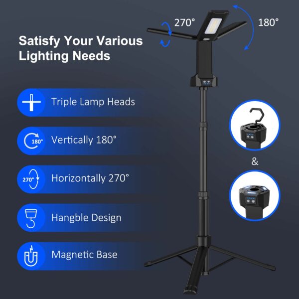 Illuminate your outdoor adventures with this rechargeable LED work light featuring 3 adjustable lamp heads, multiple brightness modes, and detachable tripod for convenience. Perfect for camping, workshops, and more.