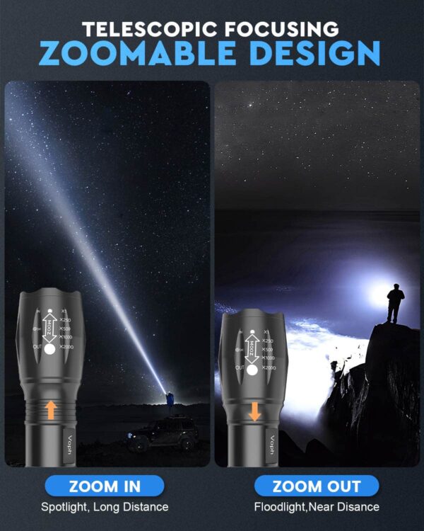 Illuminate your path with this 2000 lumens flashlight, perfect for camping, hunting, and emergencies. Choose from 5 modes and adjust the focus for a clear view. Crafted from aircraft-grade material, waterproof, and includes batteries. The ideal gift for outdoor enthusiasts!