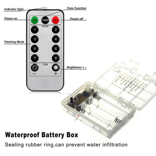 Enhance your indoor and outdoor ambiance with ZOUTOG Battery Operated String Lights. This 33ft string features 100 warm white LED lights on a durable wire, perfect for dark corners or tree decoration. With a remote control for easy operation, adjust brightness and choose from 8 flashing modes. The water-resistant design allows for versatile use, creating a warm and romantic atmosphere in your garden, yard, or any space you desire. Trust in ZOUTOG for energy-efficient and long-lasting LED lights, backed by a one-year guarantee.