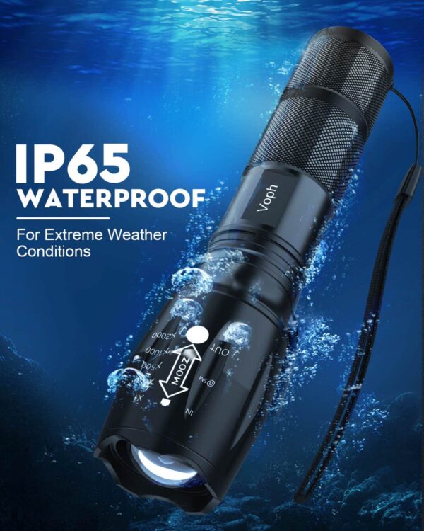 Illuminate your path with this 2000 lumens flashlight, perfect for camping, hunting, and emergencies. Choose from 5 modes and adjust the focus for a clear view. Crafted from aircraft-grade material, waterproof, and includes batteries. The ideal gift for outdoor enthusiasts!