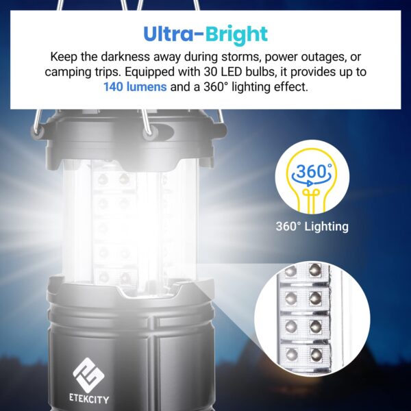 Illuminate your camping adventures with the Etekcity Lantern. With 30 bright LED bulbs and 140 lumens, this lantern provides 360° lighting to tackle emergencies like storms and power outages. Powered by 3 AA batteries, it offers up to 50 hours of bright light. Compact, lightweight, and water-resistant, it's a must-have for camping, hiking, and home emergencies.