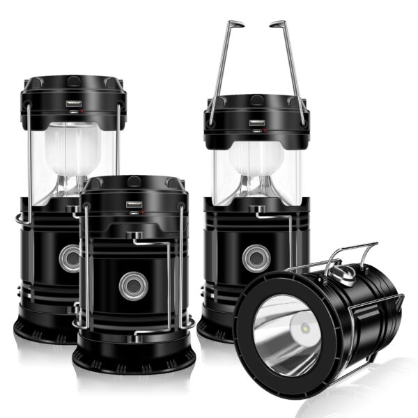 Illuminate your adventures with the 4-Pack Solar Camping Lantern by DIBMS. This versatile 2-in-1 lantern/flashlight combo features ultra-bright LED chips providing 360-degree illumination. With solar and USB charging options, it's ideal for camping, emergencies, and more.