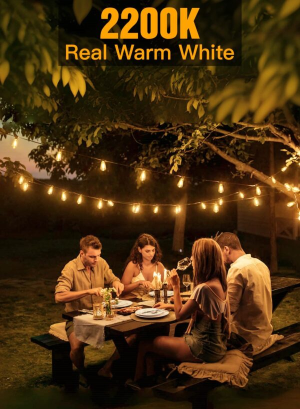 Enhance your outdoor ambiance with Ollny 50FT string lights featuring durable ST38 bulbs. Create a cozy setting with 2200K warm white light, ideal for various outdoor occasions.