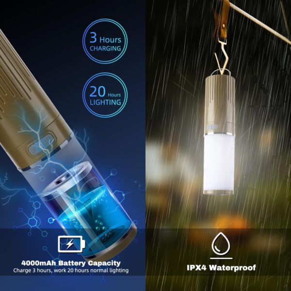 Enhance your outdoor experience with this versatile Camping Lantern! Enjoy 4 lighting modes, 5 ambient modes, and a 3-in-1 design for all your camping needs. IPX4 waterproof and easy to hang or place, perfect for any outdoor setting.