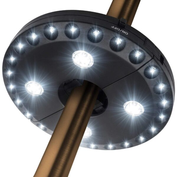 Enhance your outdoor evenings with the OYOCO Patio Umbrella Light. With 3 brightness modes and easy installation, this cordless light is perfect for patio umbrellas, camping tents, or indoor use. No tools required, just clamp it to your umbrella pole or hang it anywhere with the built-in hooks. Save energy with 28 LED bulbs and enjoy different brightness levels. Battery operated for convenience (4 x AA batteries not included).