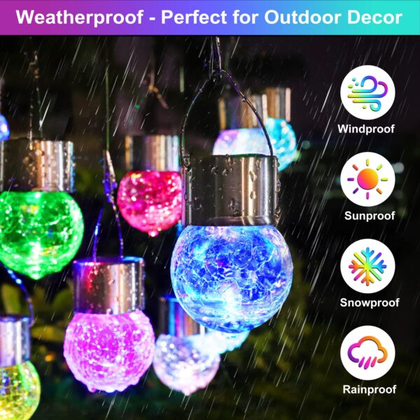 Illuminate your outdoor space with MAXvolador 12-Pack Hanging Solar Lights. These decorative cracked glass ball lights are solar-powered, weatherproof, and easy to install. Create a special atmosphere in your garden, patio, or wedding venue with these multicolor lights.