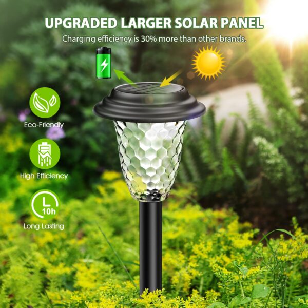 Create a warm and colorful atmosphere in your garden with E-Kong Solar Pathway Lights 10 Pack. These outdoor lights offer 2 modes: warm white and 7-color changing, providing versatility in decorating your outdoor space. With an IP65 waterproof rating, these lights are durable for all weather conditions. The large solar panels and high-capacity battery ensure efficient and long-lasting lighting, charging in just 3-5 hours and staying on for over 12 hours. Made of durable ABS materials, these lights are easy to install and perfect for your garden, yard, pathway, walkway, and driveway. Surprise your friends and family with these amazing solar pathway lights from E-Kong.