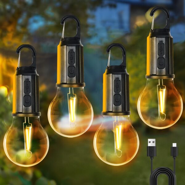 Illuminate your outdoor adventures with this vintage-inspired rechargeable camping light bulb. Featuring 3 light modes and USB/C charging for convenience, this compact and waterproof tent light is perfect for camping, hiking, and emergencies.