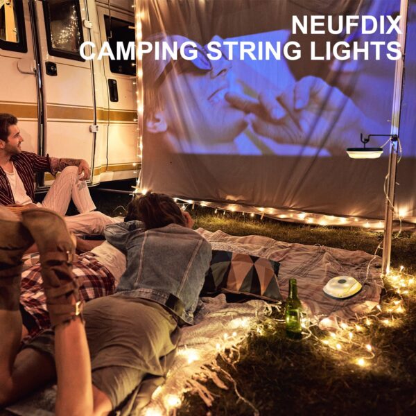 Experience the versatility of NEUFDIX Camping Lights String! This 2-in-1 lantern and string lights combo offers 5 adjustable modes for all your lighting needs. Perfect for camping, tent, yard, and decoration. Waterproof and USB-C rechargeable for convenience.