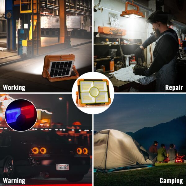 Illuminate your outdoor tasks with the TECHMUR Big LED Solar Work Light. With 466 high-quality LEDs offering 10000LM brightness, it features 5 adjustable modes for versatile use. Rechargeable via USB or solar panel, this portable light also functions as a power bank. Durable and waterproof, it's perfect for emergencies, repairs, and camping.