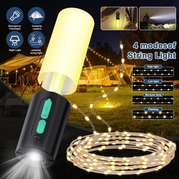 Illuminate your outdoor adventures with these innovative camping string lights. Enjoy 10-20 hours of bright, 360° light with 4 modes for versatile use. Rechargeable via USB with a 4000mAh power source. Lightweight, portable, and waterproof for any outdoor activity.