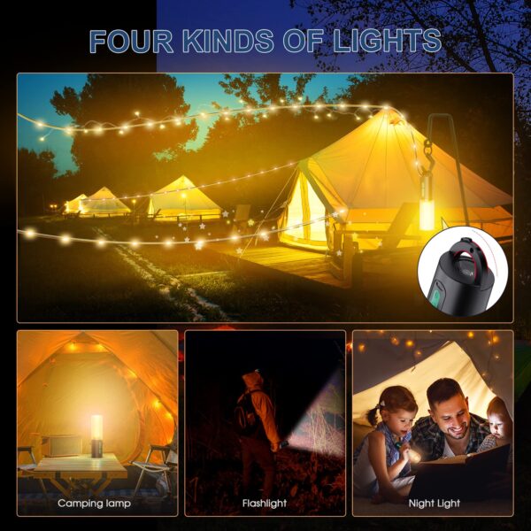 Illuminate your outdoor adventures with these innovative camping string lights. Enjoy 10-20 hours of bright, 360° light with 4 modes for versatile use. Rechargeable via USB with a 4000mAh power source. Lightweight, portable, and waterproof for any outdoor activity.