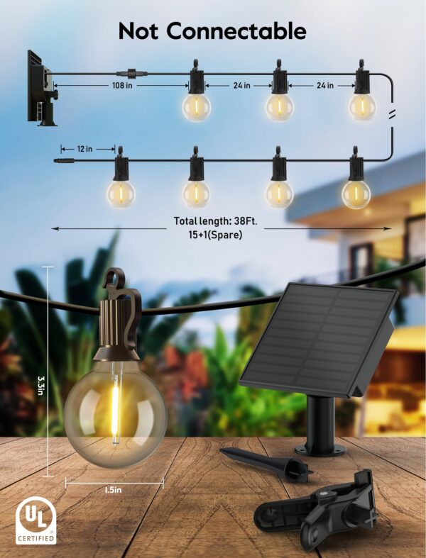 Illuminate your outdoor space with Minetom's 38 Ft Waterproof Dimmable LED Patio Lights. Solar powered and energy-efficient, these lights feature 15 shatterproof G40 globe bulbs that create a cozy ambiance perfect for backyard parties and gatherings.