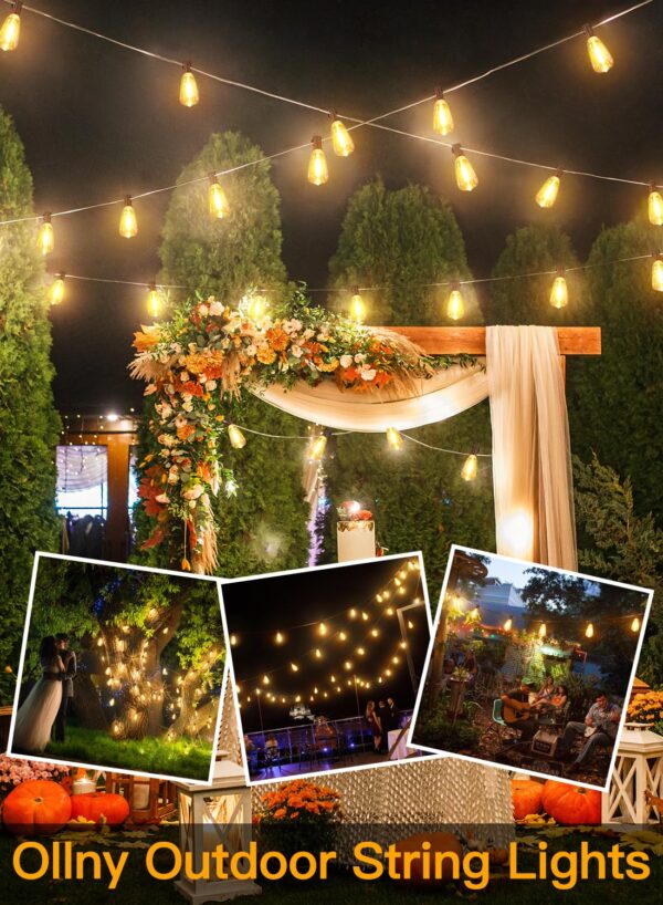 Enhance your outdoor ambiance with Ollny 50FT string lights featuring durable ST38 bulbs. Create a cozy setting with 2200K warm white light, ideal for various outdoor occasions.