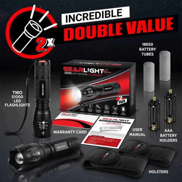 Illuminate any room with the GearLight S1000 LED Tactical Flashlight! This durable and compact flashlight is perfect for outdoor use, camping, and everyday activities. Includes 2 flashlights, battery holders, hand straps, and more.