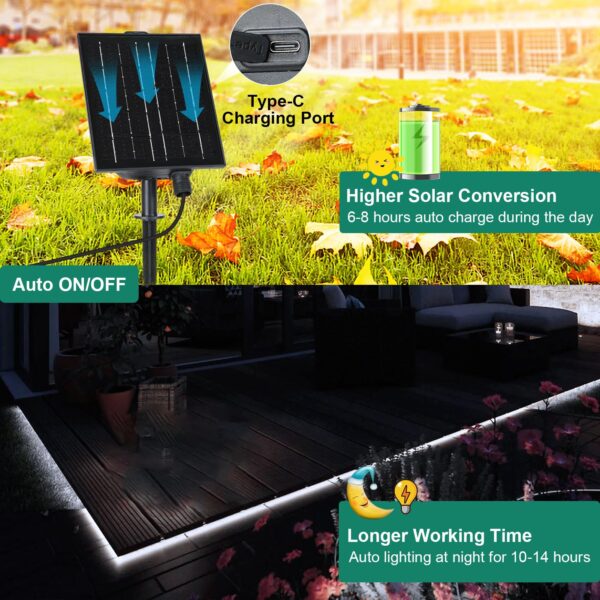 Illuminate your space with these solar-powered, waterproof strip lights. Perfect for outdoor use, featuring 8 lighting modes, a remote control, and long-lasting battery life.