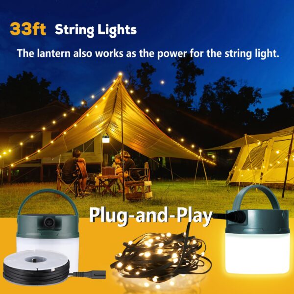 Illuminate your camping experience with this 2-in-1 Camping Lantern and String Lights combo. Enjoy 8-10 hours of lighting from the solar or USB charge. Hang the 33ft string lights for a cozy atmosphere. Choose from 8 lighting modes and 3 brightness levels for versatile use. Compact, durable, and backed by a 1-year warranty.