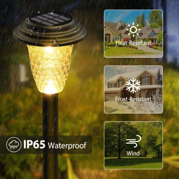 Create a warm and colorful atmosphere in your garden with E-Kong Solar Pathway Lights 10 Pack. These outdoor lights offer 2 modes: warm white and 7-color changing, providing versatility in decorating your outdoor space. With an IP65 waterproof rating, these lights are durable for all weather conditions. The large solar panels and high-capacity battery ensure efficient and long-lasting lighting, charging in just 3-5 hours and staying on for over 12 hours. Made of durable ABS materials, these lights are easy to install and perfect for your garden, yard, pathway, walkway, and driveway. Surprise your friends and family with these amazing solar pathway lights from E-Kong.