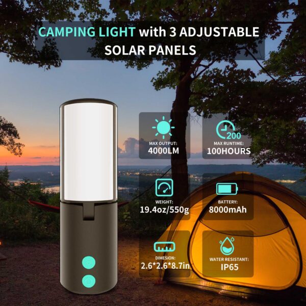 Illuminate your adventures with the JINHODY Solar Lantern! This high-efficiency camping lantern features 4000 lumens of brightness, 5 light modes, and a rechargeable 8000mAh battery. Perfect for indoor and outdoor use during power outages, camping trips, or as an emergency light source.