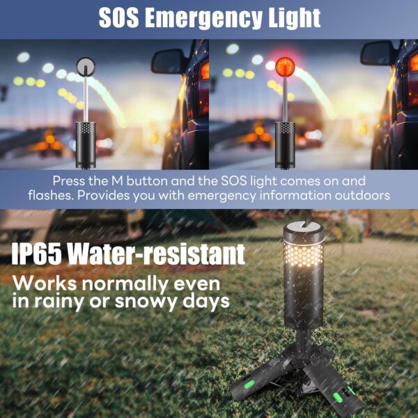 Versatile camping light with tripod and SOS signal for outdoor adventures. Features stepless dimming, 3 brightness levels, and 10000mAh power bank.