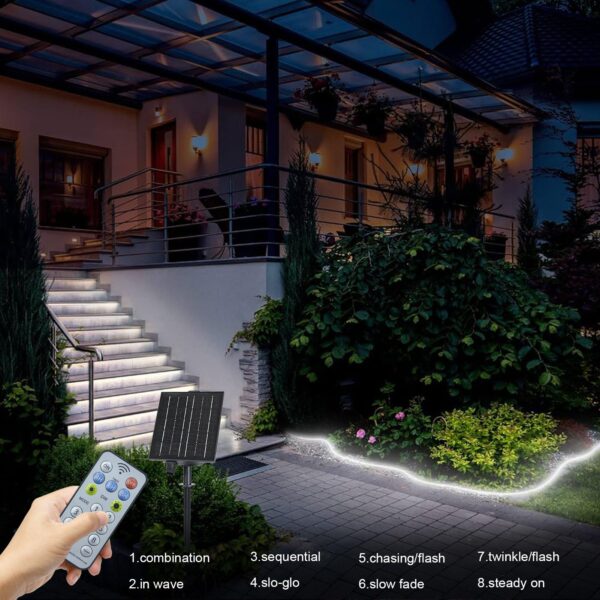 Illuminate your space with these solar-powered, waterproof strip lights. Perfect for outdoor use, featuring 8 lighting modes, a remote control, and long-lasting battery life.