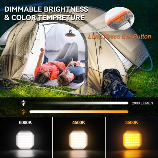 Illuminate your camping adventures with the Durapower Solar Power Camping Light. Rechargeable with 4200 mAh battery, stepless dimming from 100-2000 lumens. Solar panel charging, portable at 3.5 x 3.5 x 1.3 inches.