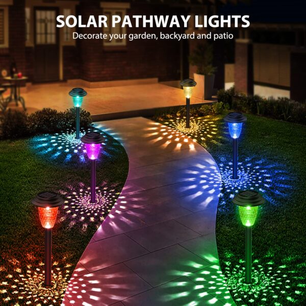 Create a warm and colorful atmosphere in your garden with E-Kong Solar Pathway Lights 10 Pack. These outdoor lights offer 2 modes: warm white and 7-color changing, providing versatility in decorating your outdoor space. With an IP65 waterproof rating, these lights are durable for all weather conditions. The large solar panels and high-capacity battery ensure efficient and long-lasting lighting, charging in just 3-5 hours and staying on for over 12 hours. Made of durable ABS materials, these lights are easy to install and perfect for your garden, yard, pathway, walkway, and driveway. Surprise your friends and family with these amazing solar pathway lights from E-Kong.