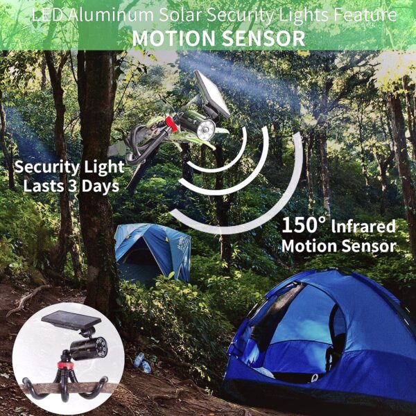 Illuminate your outdoor space with these Solar Motion Sensor Camping Lights. Built-in photocell sensor for automatic night activation. Provides 1400-LM brightness with a 50,000-hour lifespan. Adjustable angles for optimal lighting.