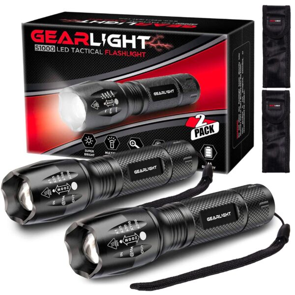 Illuminate any room with the GearLight S1000 LED Tactical Flashlight! This durable and compact flashlight is perfect for outdoor use, camping, and everyday activities. Includes 2 flashlights, battery holders, hand straps, and more.