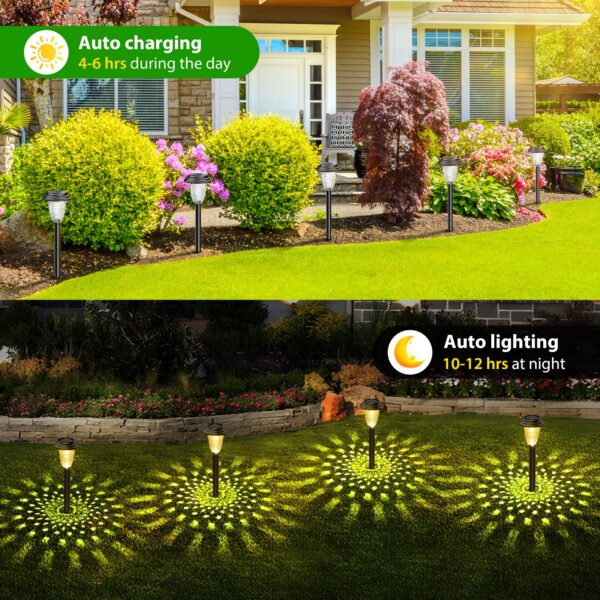 Create a warm and colorful atmosphere in your garden with E-Kong Solar Pathway Lights 10 Pack. These outdoor lights offer 2 modes: warm white and 7-color changing, providing versatility in decorating your outdoor space. With an IP65 waterproof rating, these lights are durable for all weather conditions. The large solar panels and high-capacity battery ensure efficient and long-lasting lighting, charging in just 3-5 hours and staying on for over 12 hours. Made of durable ABS materials, these lights are easy to install and perfect for your garden, yard, pathway, walkway, and driveway. Surprise your friends and family with these amazing solar pathway lights from E-Kong.